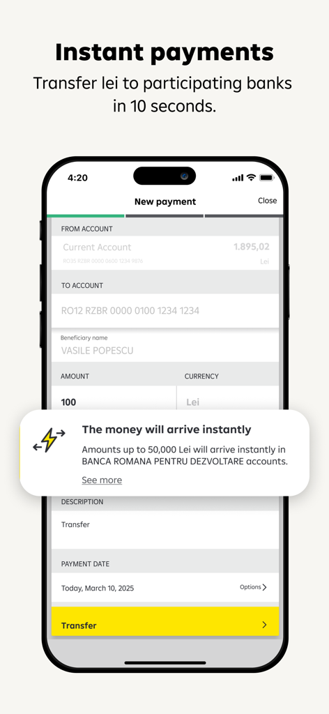 Raiffeisen Smart Mobileアプリの即時支払い画面