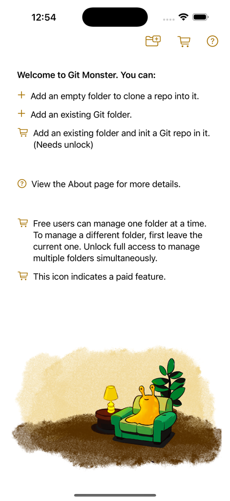 Weee: The Git Monster - Welcome screen for Weee The Git Monster app featuring repository setup options and a cartoon slug mascot in an armchair
