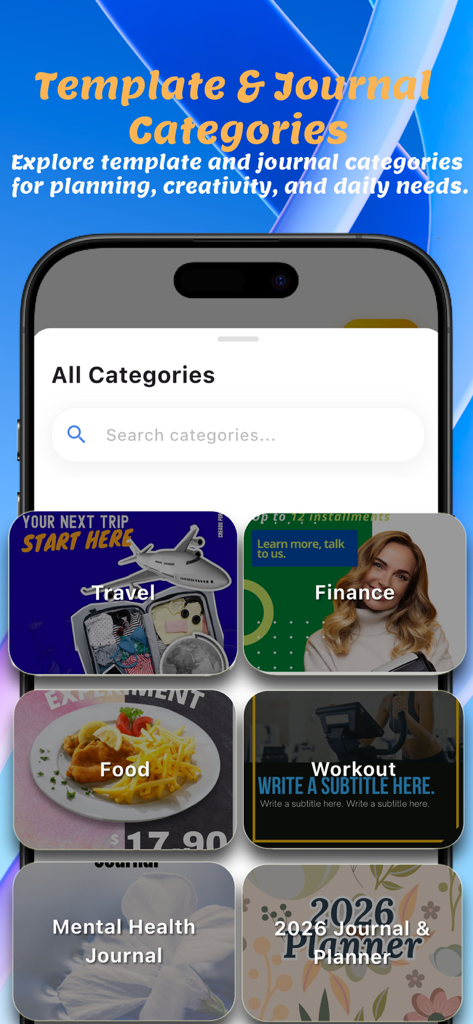 Canvas Template & Design Maker - Una interfaz de smartphone que muestra varias categorías de diseño y diarios como Viajes, Finanzas, Comida y Salud Mental.