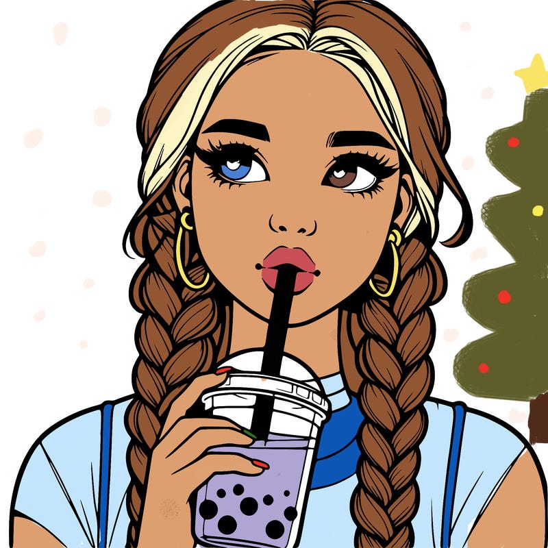 realistic girl with braided hair drinking boba