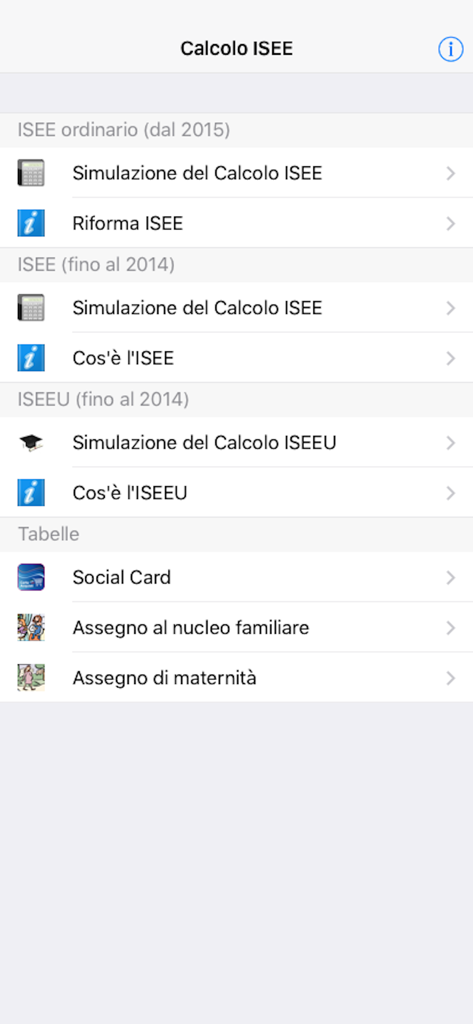 Simulazione Calcolo ISEE - Menú principal de la aplicación Simulazione Calcolo ISEE que muestra opciones de simulación para indicadores de impuestos italianos y tasas universitarias