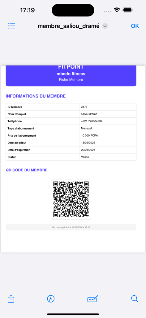 FitPoint app member profile screen displaying subscription information and a personal QR code for gym entry.