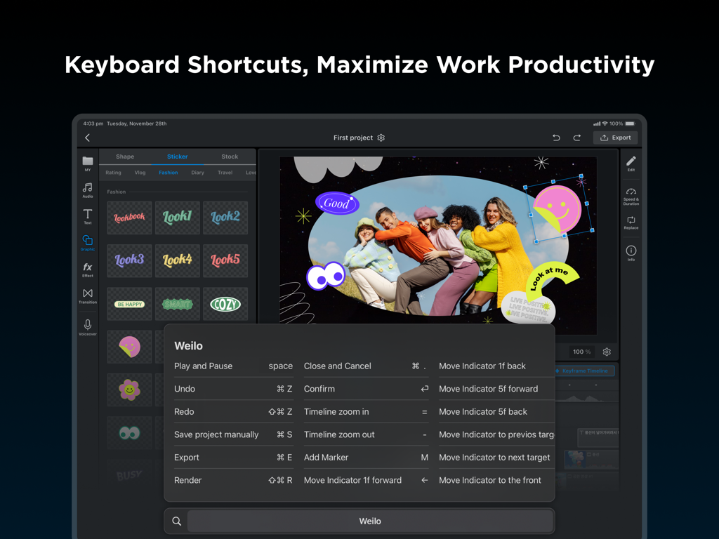 WEILO - My Last Video Editor - WEILO iPad video editor interface showing a list of keyboard shortcuts for professional editing productivity