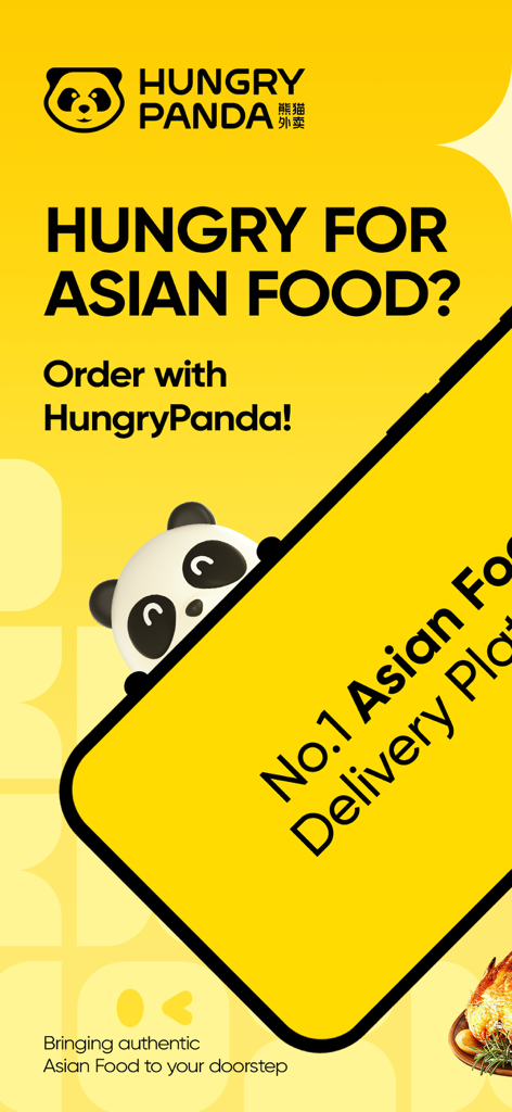 HungryPanda熊猫外卖 - Banner promocional de la aplicación HungryPanda para la entrega de comida asiática auténtica con una mascota panda