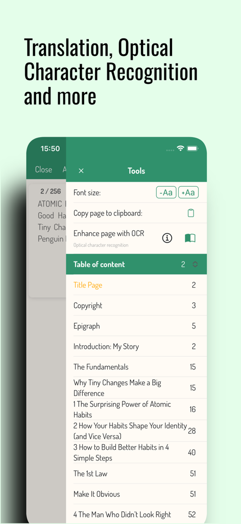 Narro Reader - Narro Reader mobile app showing the tools menu with OCR enhancement and a table of contents for a digital book.