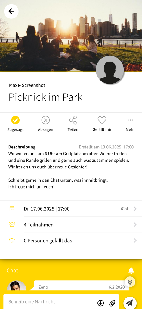 Reisebüro ins Leben - Pantalla de la aplicación móvil que muestra un evento de picnic comunitario con descripción y opciones de confirmación de asistencia