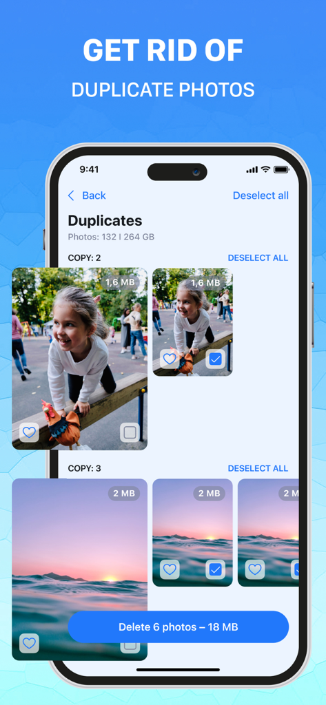 Opti Cleaner & Optimizer - Smartphone screen showing the Opti Cleaner app interface for identifying and deleting duplicate photos to free up storage space.