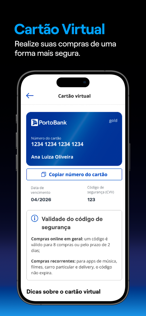 Porto Bank app interface showing a virtual card for secure shopping