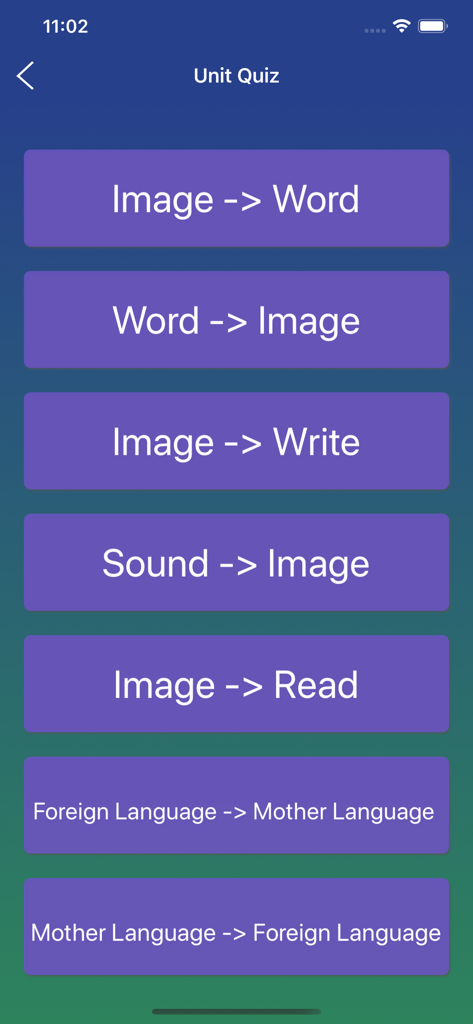 French Word Flashcards Easy - Interface of the French Word Flashcards app showing various quiz modes like image to word and sound to image