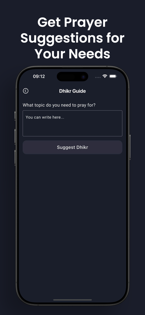 A smartphone displaying the Dhikr Guide feature for personalized prayer suggestions.
