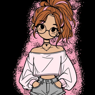 girl with a messy ponytail glasses a baggy crop top and jean shorts