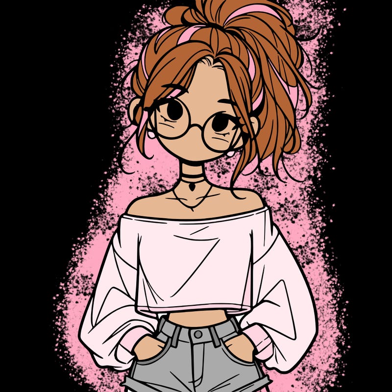 girl with a messy ponytail glasses a baggy crop top and jean shorts
