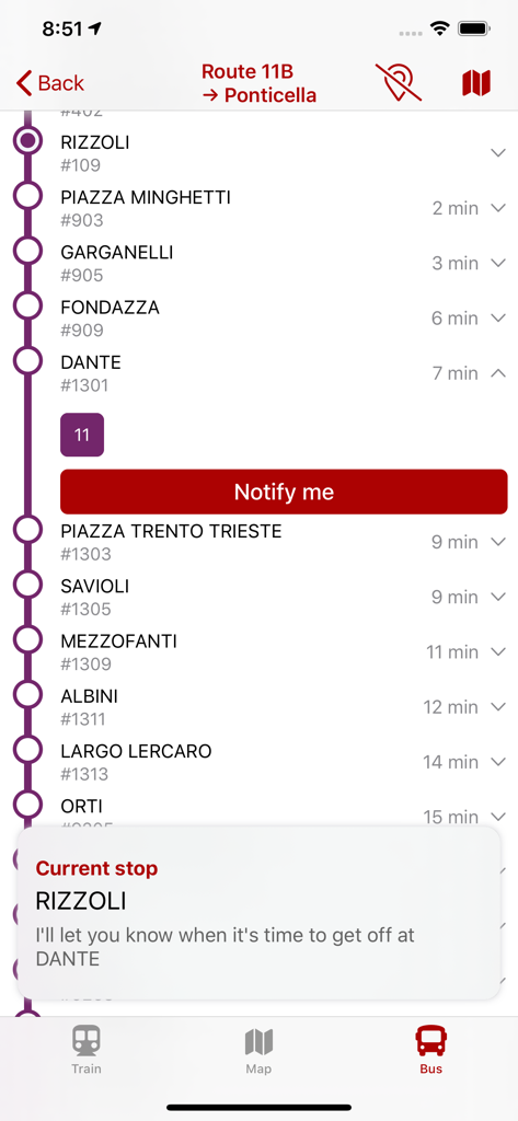 WeBus - Bologna & Ferrara - Screenshot of the WeBus app showing bus route stops and a notification alert for a specific stop