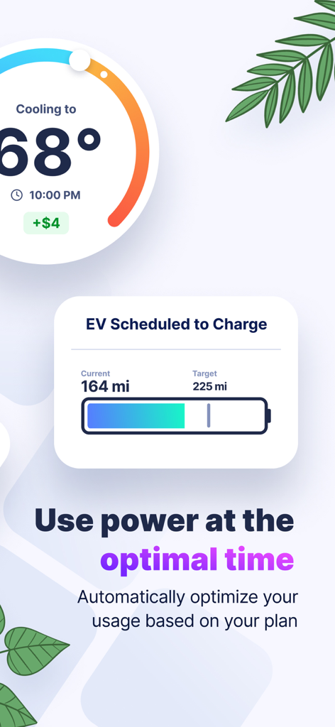 Interface of the Optiwatt app showing automated smart thermostat cooling and electric vehicle charging schedule to maximize energy rewards