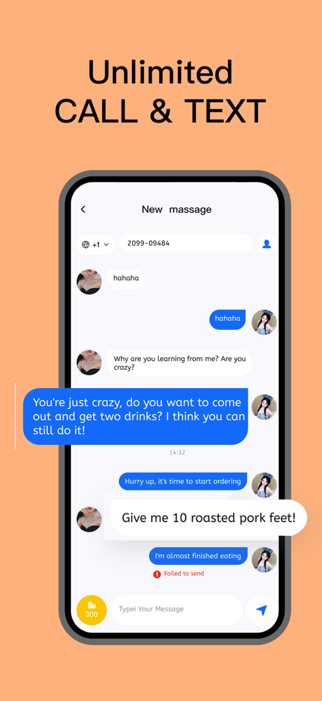 Skycaller:Unlimited Call&Text - A smartphone screen showing the Skycaller app messaging interface with a conversation between two users and the heading Unlimited CALL and TEXT
