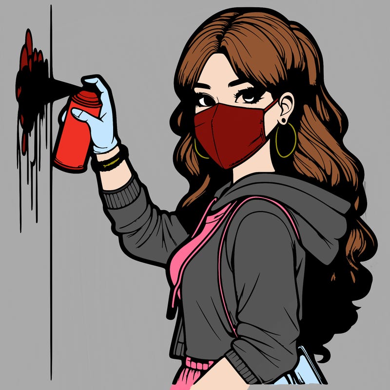 realistic girl with mask spray painting a wall