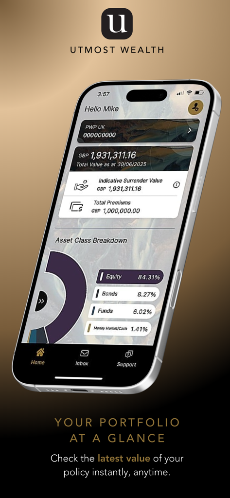 Utmost Wealth app interface showing portfolio value and asset breakdown