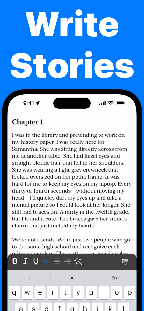 Mobile App-Oberfläche der Story Writer App, die einen Rich-Text-Editor mit einem Buchkapitel zeigt, das auf einem iPhone geschrieben wird