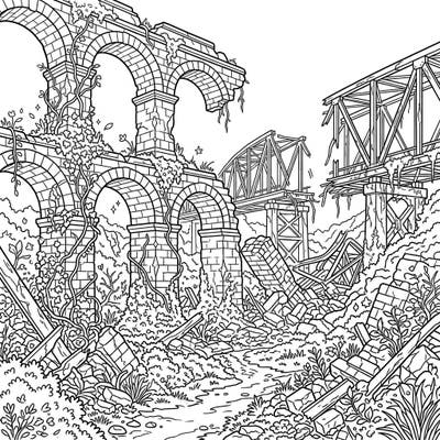 Unearth the captivating beauty of forgotten engineering with this detailed coloring page featuring bridge and aqueduct ruins. Perfect for history enthusiasts and coloring aficionados, it offers a unique artistic challenge.
