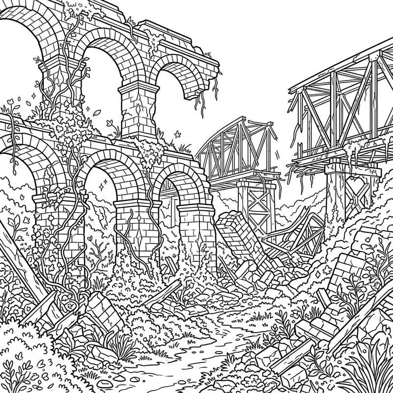 Unearth the captivating beauty of forgotten engineering with this detailed coloring page featuring bridge and aqueduct ruins. Perfect for history enthusiasts and coloring aficionados, it offers a unique artistic challenge.