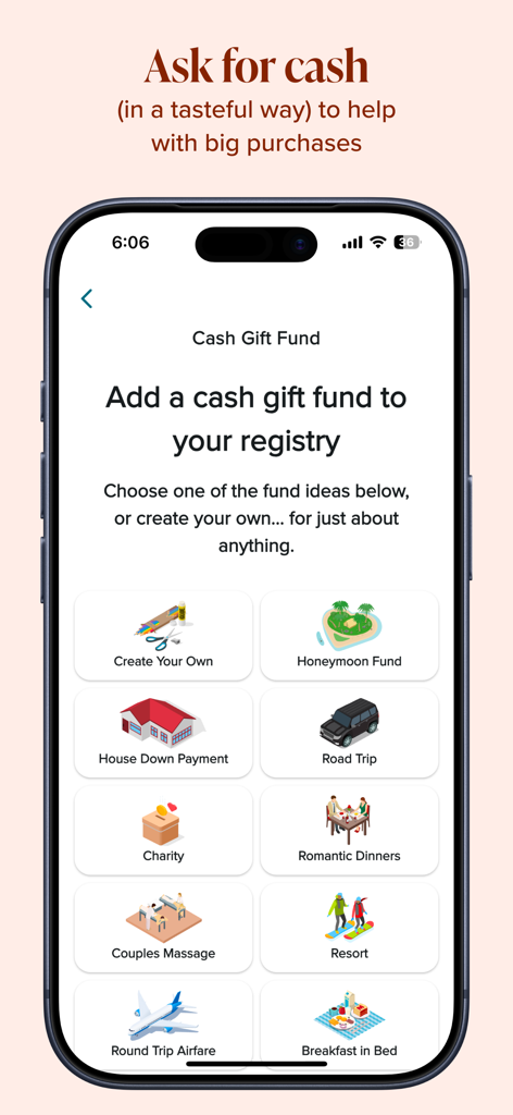 MyRegistry app screen showing diverse cash gift fund options including honeymoon fund house down payment and travel experiences.