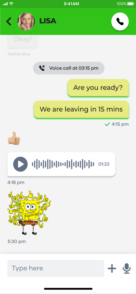 NickWatch: Parent App - Tela de chat do app NickWatch mostrando mensagens, notas de voz e um adesivo do Bob Esponja Calça Quadrada