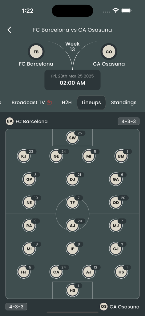 KUKI Football - Tactical 4-3-3 formation and player lineups for a match between FC Barcelona and CA Osasuna on the KUKI Football app.