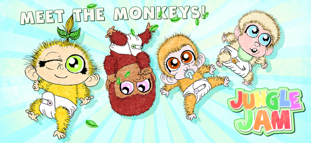 Jungle Jam - Child Friendly - Four cute cartoon baby monkeys wearing diapers from the Jungle Jam app.