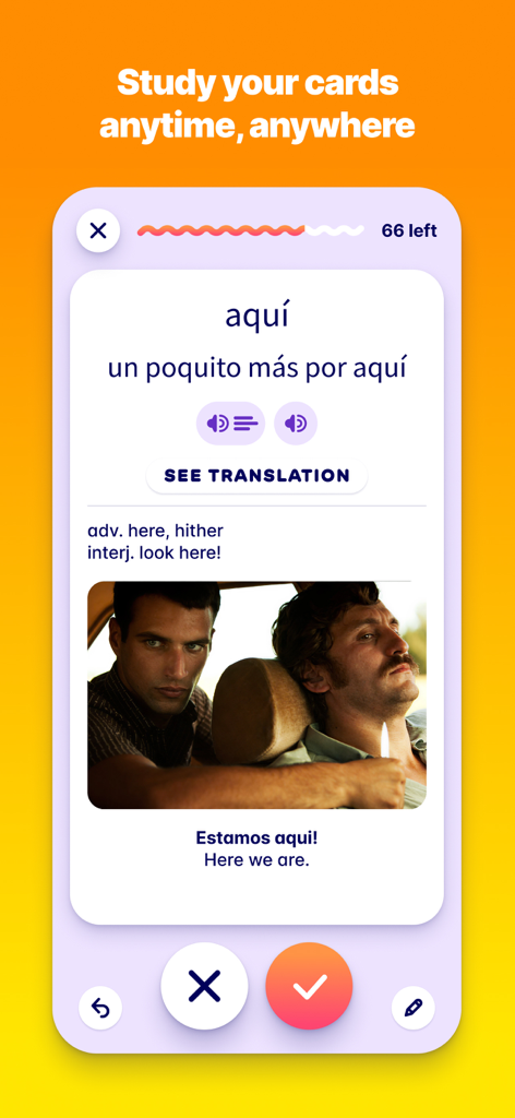 Migaku: Really Learn Languages - Migakuアプリで、単語'aqui'のメディアリッチなスペイン語フラッシュカードが表示されており、ビデオシーンと定義が含まれている。