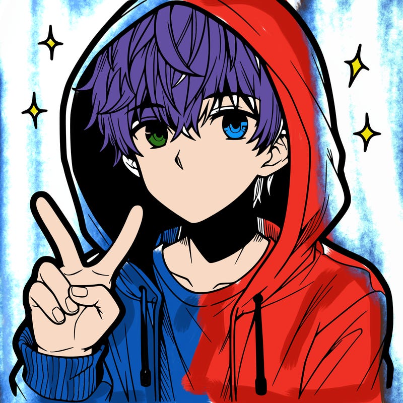 teenage manga boy in a hoodie, doing ✌
