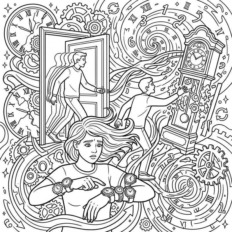 Explore the mind-bending concept of time loops with this intricate coloring page. Featuring characters trapped in temporal disorientation amidst a complex tapestry of clocks and gears, it offers a unique coloring adventure for adults and teens.