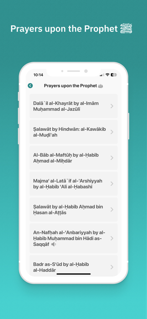 BaAlwi - A list of Islamic prayers upon the Prophet in the BaAlwi app interface.