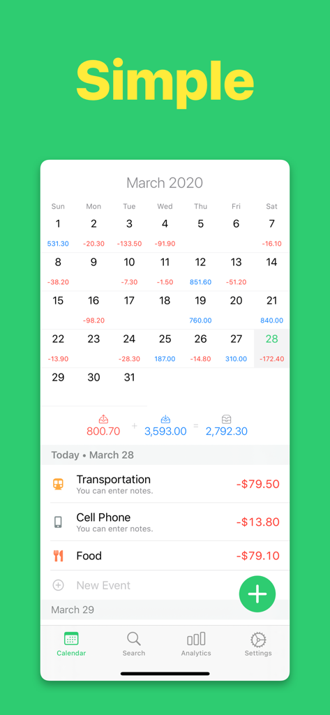 A screenshot of the Monelyze budget app showing a monthly calendar with daily financial entries and a transaction list.