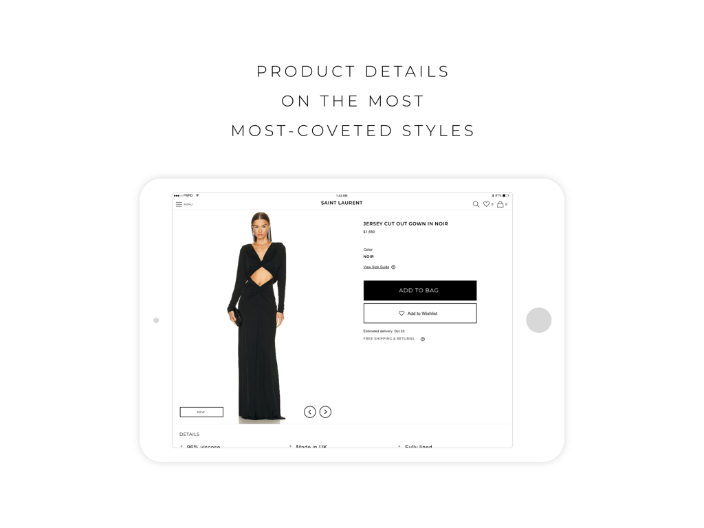 FWRD for iPad - Saint Laurent gown product page on the FWRD luxury fashion app for iPad