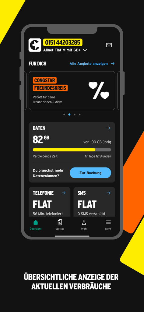 Congstar mobile app dashboard showing data consumption and phone plan overview in dark mode