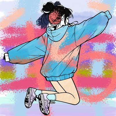 realistic girl jumping with a bun and oversized sweatshirt