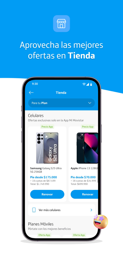 Mi Movistar Chile - Pantalla de la tienda de aplicaciones de Mi Movistar Chile mostrando ofertas de smartphones para Samsung Galaxy y iPhone