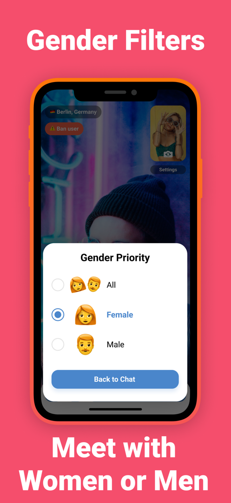 RC Live Video Chat Alternative - Interfaz para seleccionar la prioridad de género para conocer hombres o mujeres en la aplicación RC Live Video Chat