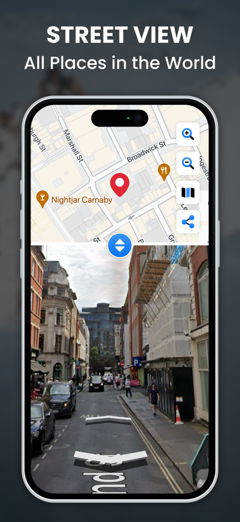 GPS Map Coordinates Locations - Smartphone screen showing the split screen interface with a street map and a 360 degree street view imagery