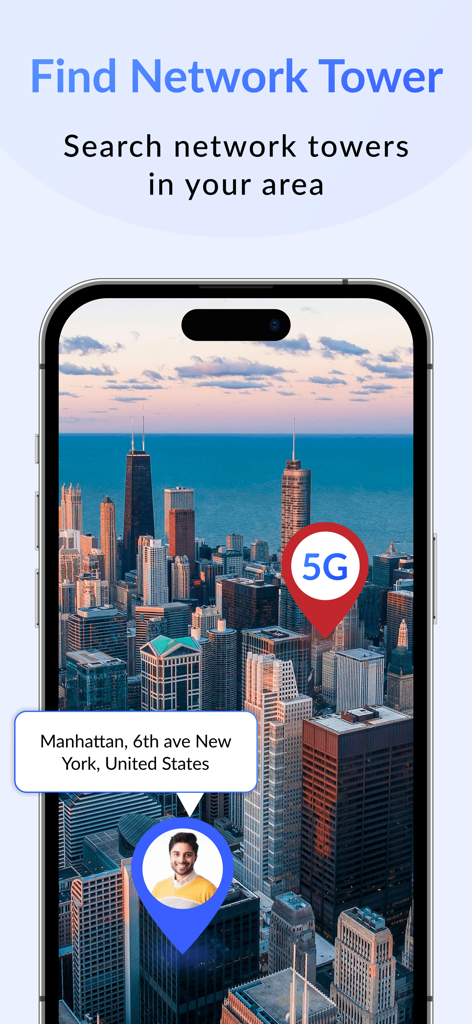 Interfaz de aplicación móvil que muestra la ubicación de una antena de red 5G en un mapa de Manhattan