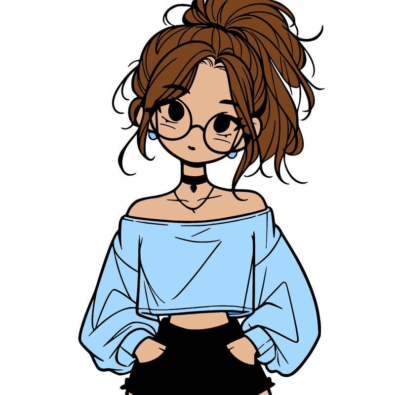 girl with a messy ponytail glasses a baggy crop top and jean shorts