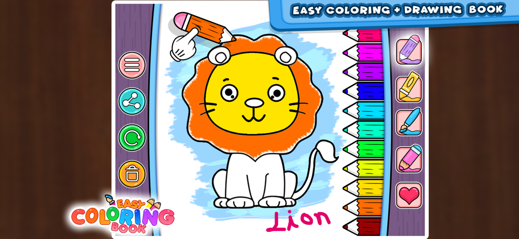 Coloring Games: Learn & Paint - Digital coloring book interface showing a cartoon lion being painted with an orange pencil