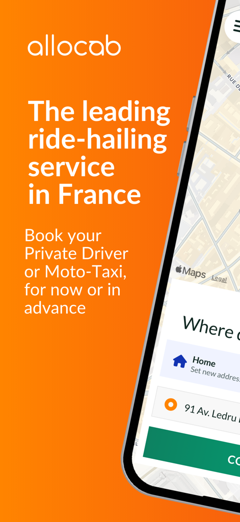 Schermata promozionale dell'app Allocab per la prenotazione di autisti privati e taxi moto in Francia