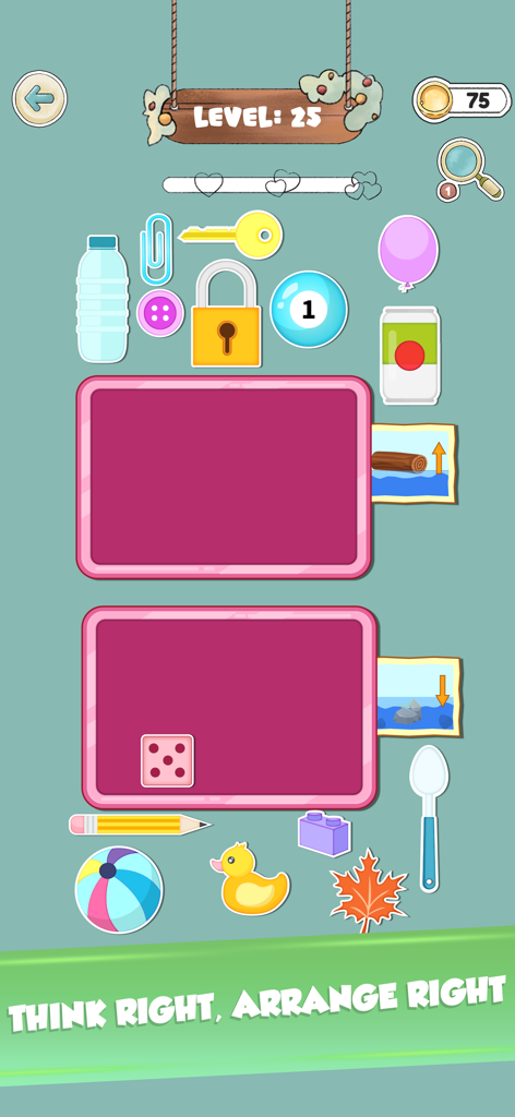 Arrange Them Little Right 2 - A gameplay screenshot of Arrange Them Little Right 2 showing various cute objects like a rubber duck and dice to be sorted into pink boxes on a green background.