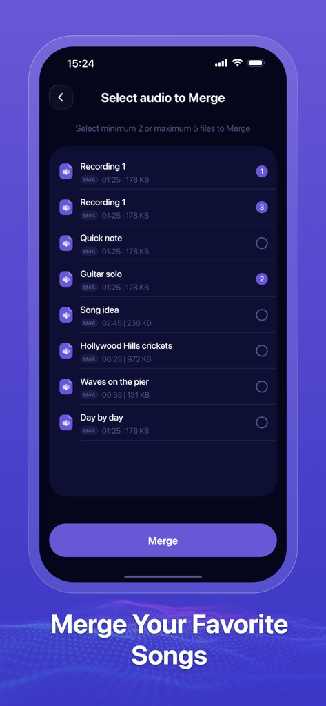 Select and merge multiple audio recordings in the Audacity Audio Record app
