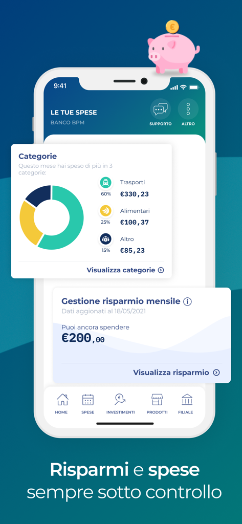 YouApp - Banco BPM - Interface Banco BPM YouApp affichant les catégories de dépenses et le suivi des objectifs d'épargne mensuels.