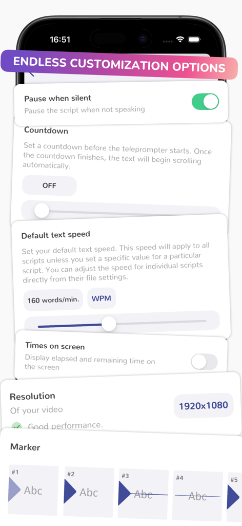 Teleprompter App - Autokue - Tela do smartphone mostrando várias opções de personalização no aplicativo teleprompter Autokue, incluindo velocidade do roteiro e resolução de vídeo