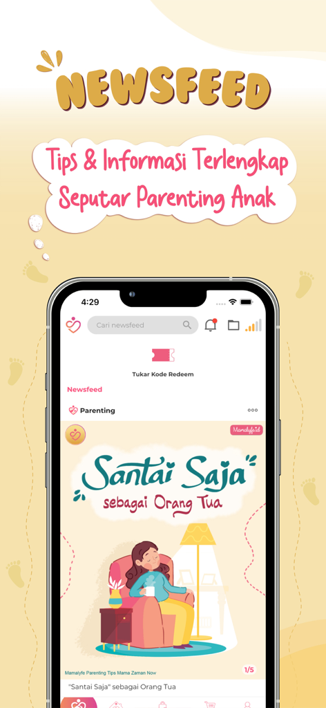 Mamalyfe mobile app newsfeed screen displaying parenting advice and educational articles