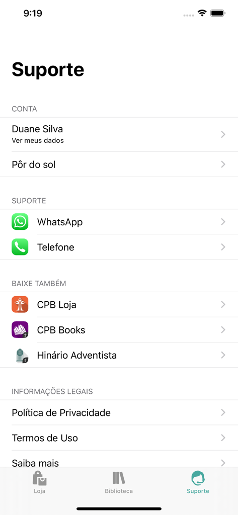 Lição da Escola Sabatina - Tela de suporte do aplicativo Licao da Escola Sabatina mostrando opções de conta do usuário, contato e aplicativos relacionados da Igreja Adventista do Sétimo Dia