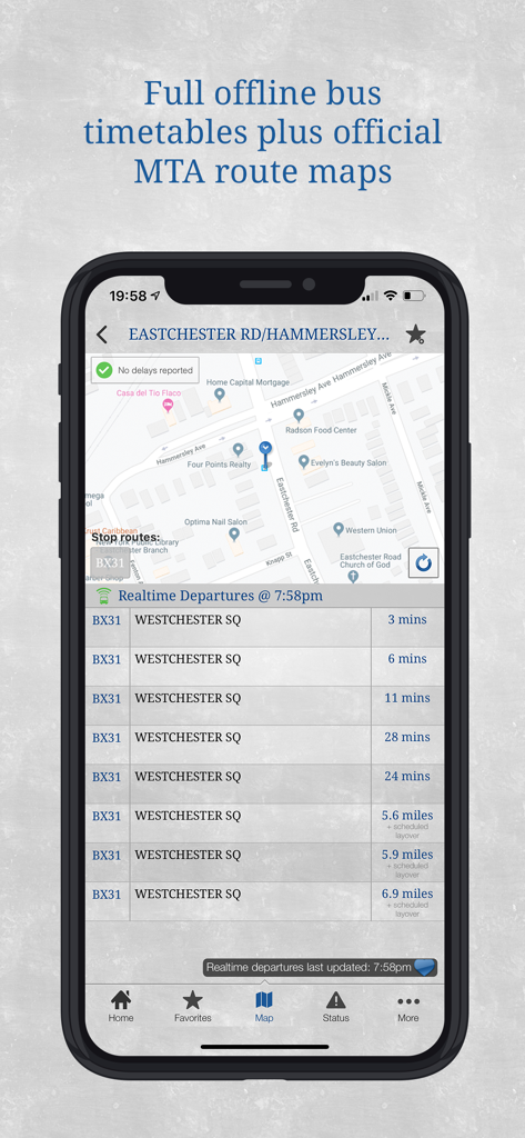 Bus New York City - Interfaz de la aplicación Bus New York City que muestra las salidas de autobuses BX31 en tiempo real y mapas de transporte sin conexión
